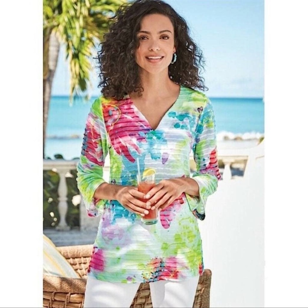 Soft Surroundings Size Small Neon Rainbow Summer Blouse Shirt Top Beach - Picture 2 of 6